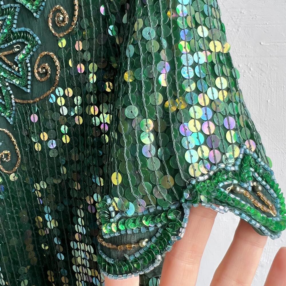 Vintage Braemar Silk Sequin Beaded Top Green 80s Evening M - Picture 12 of 14
